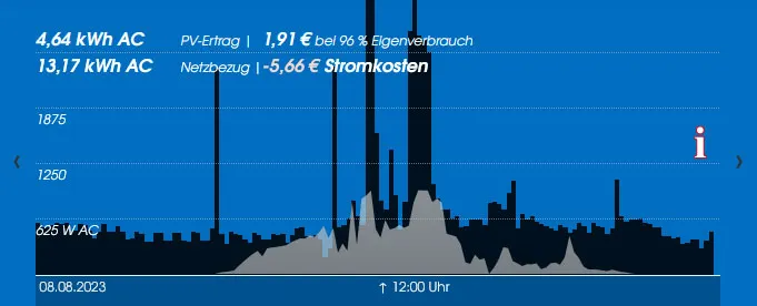 Tagesansicht Diagramm:  schwarz: aktueller Stromverbrauch (Leistung in W),